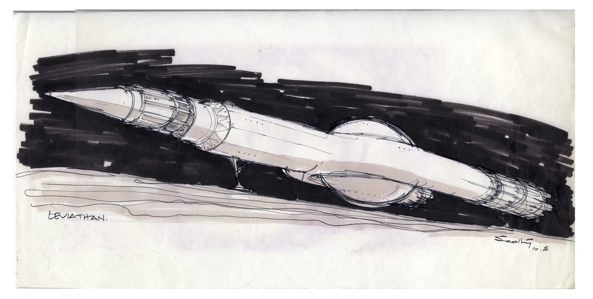 Early Concept Art for ''Alien'' of the Spaceship Nostromo, Done in 1977 -- Measures 19'' x 9.5'', From the Collection of ''Alien'' Executive Peter Beale